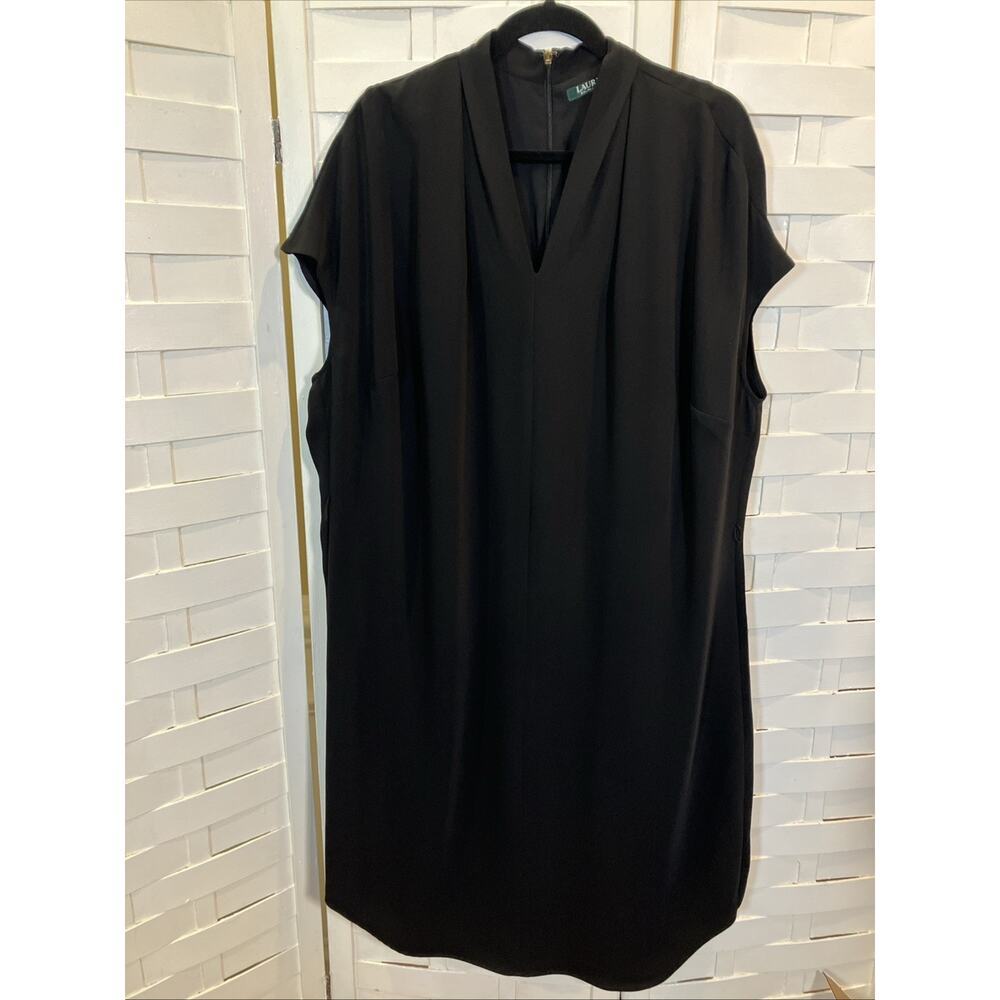 Lauren Ralph Lauren‎ Black V-Neck Cap Sleeve Shift Dress 16W Career Cocktail LBD